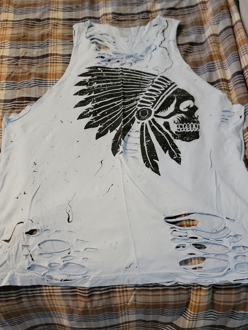 White Distressed Women's Tank Top with Black Headdress Skull Graphic